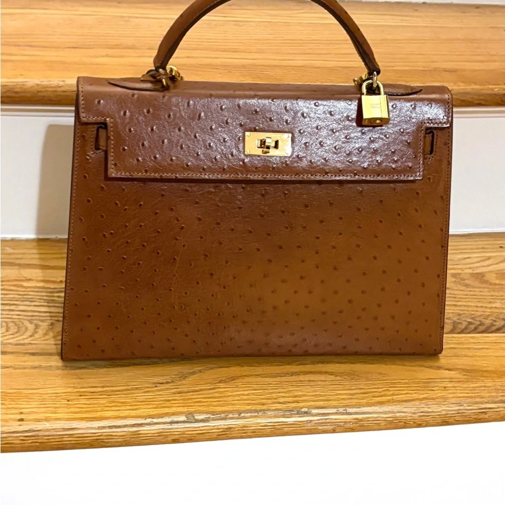 Classic Brown Top-Handle Ostrich-Texture Women's Bag